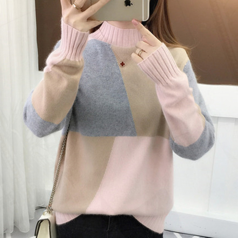 Women's New Color Matching Half High Neck Padded Pullover Sweater