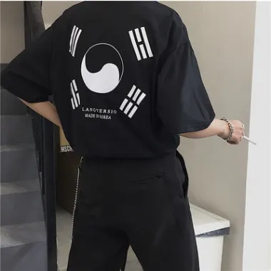 Street Retro Print Relaxed Casual Students Bottom Short Sleeve T shirt Tide Black - Shop at LoveMi