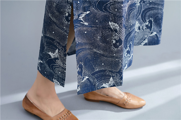 Oblique Buttoned Cheongsam Side Slit Long Sleeve V-Neck Long Loose A-Line Skirt Autumn