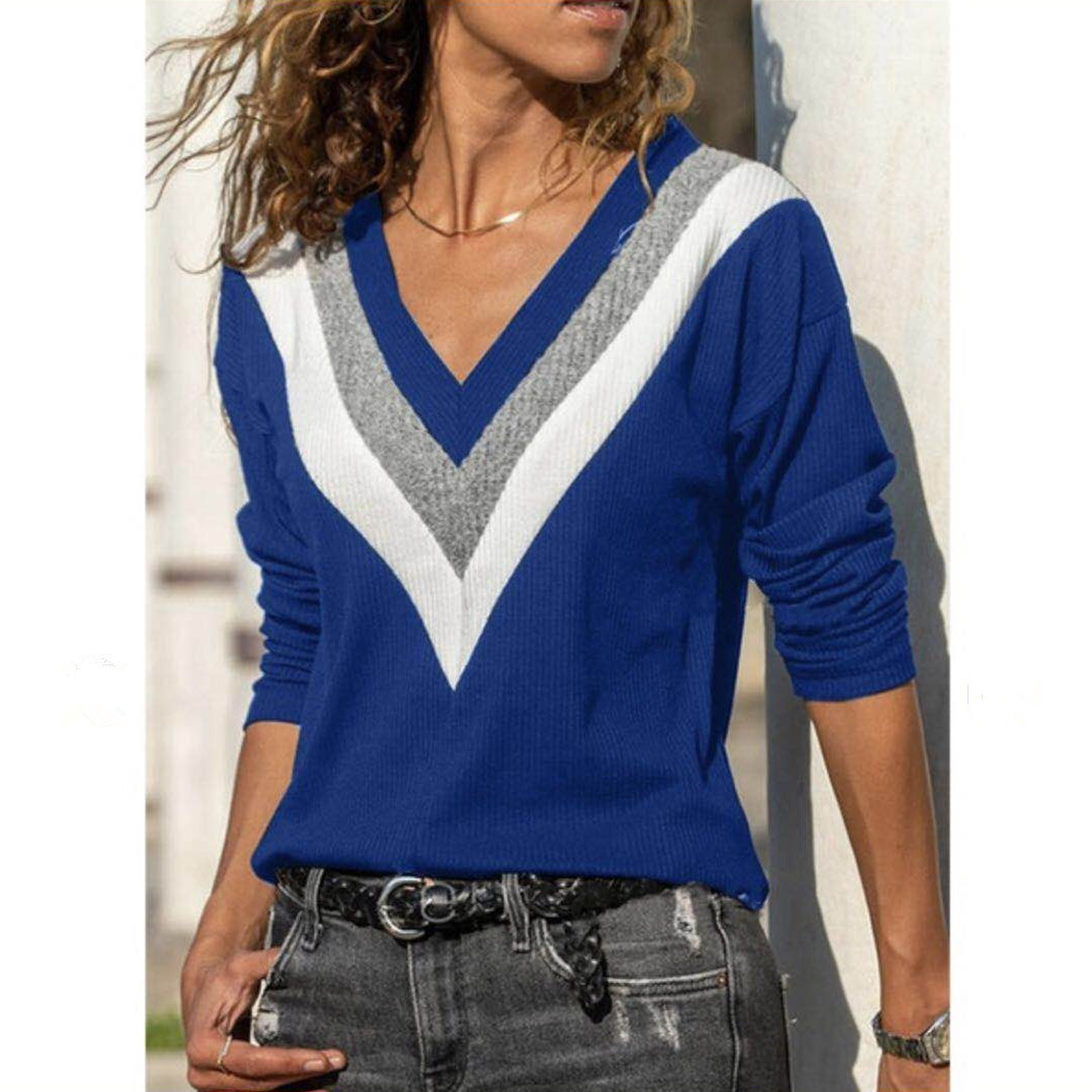Women's V Neck Long Sleeve Contrasting Color Sweater Loose T-shirt