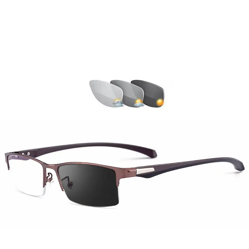 Finished Myopia Sunglasses, Color-Changing Half-Frame Business Fashion Metal Glasses