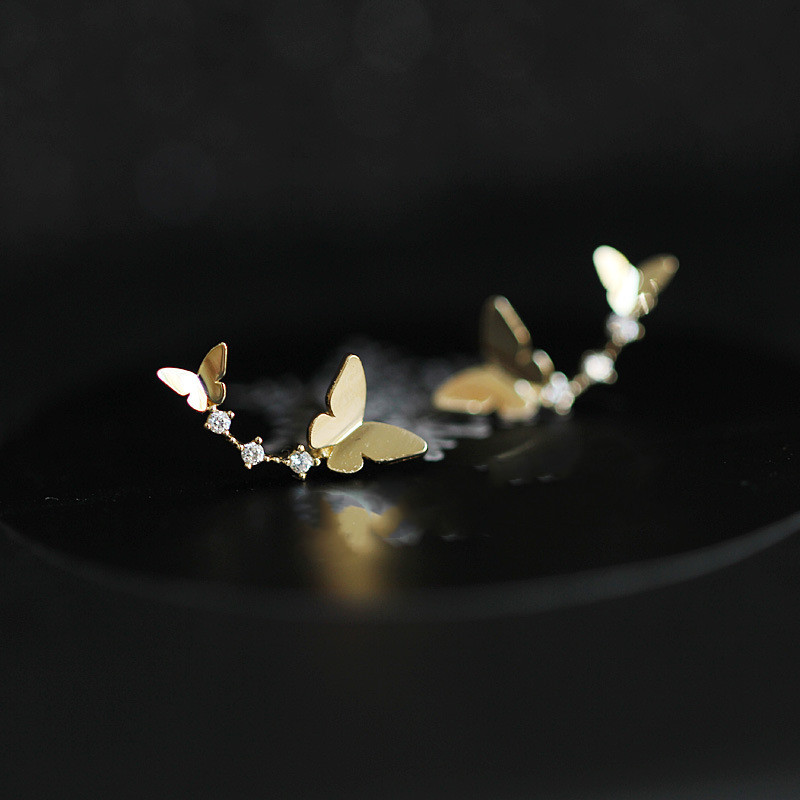Butterfly Studs 925 Sterling Silver Plated 14K Gold Mini Curved Double Butterfly Studs