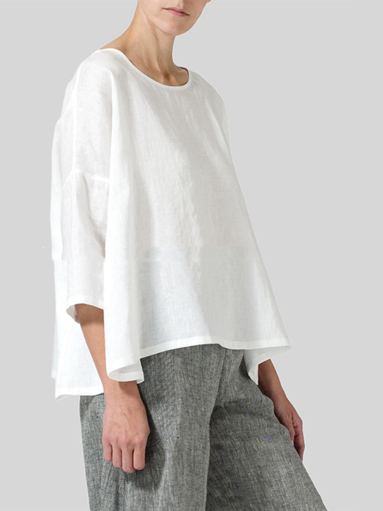 New Cotton And Linen Loose Solid Color Pullover Shirt