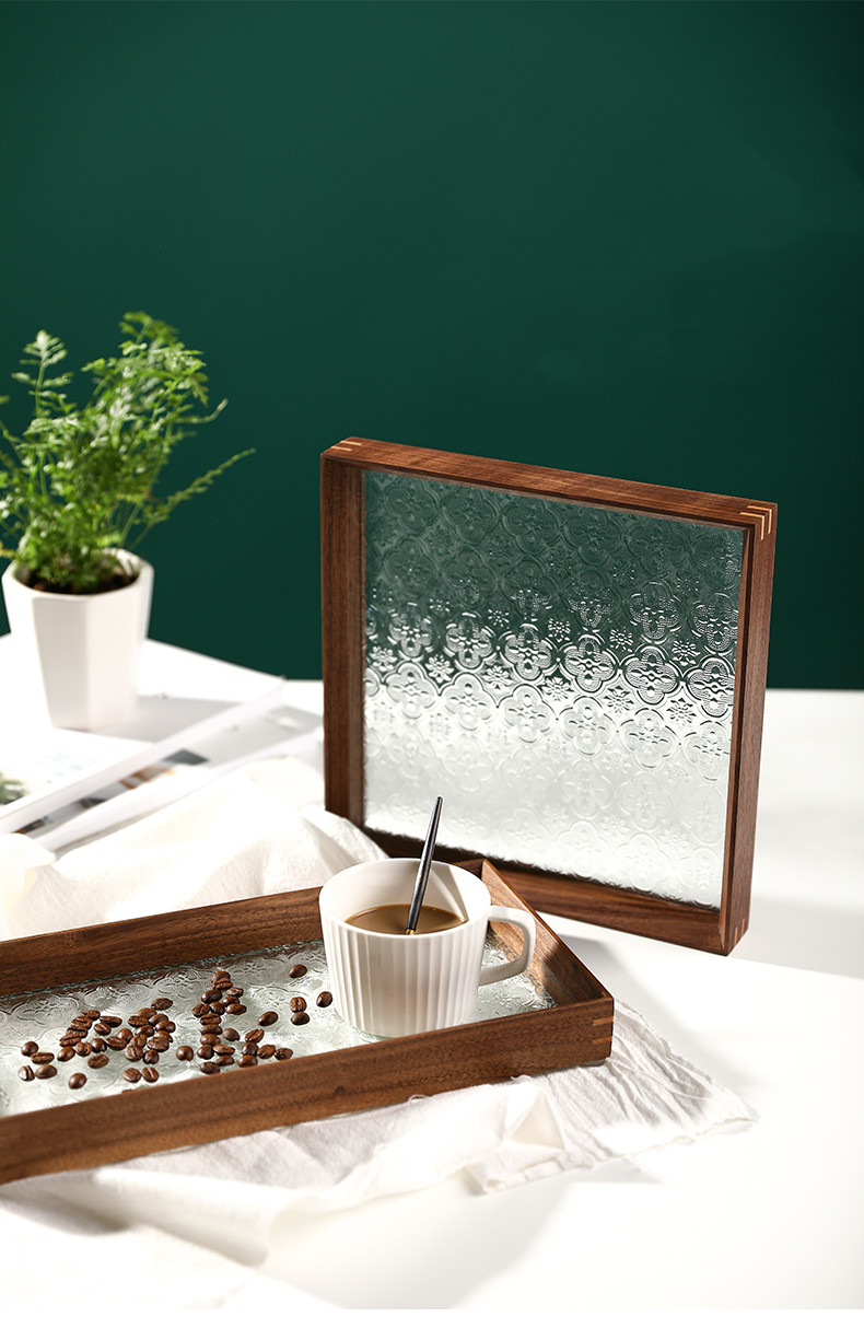 Title 6, Solid Wood Retro Embossed Begonia Glass Tea Tra...