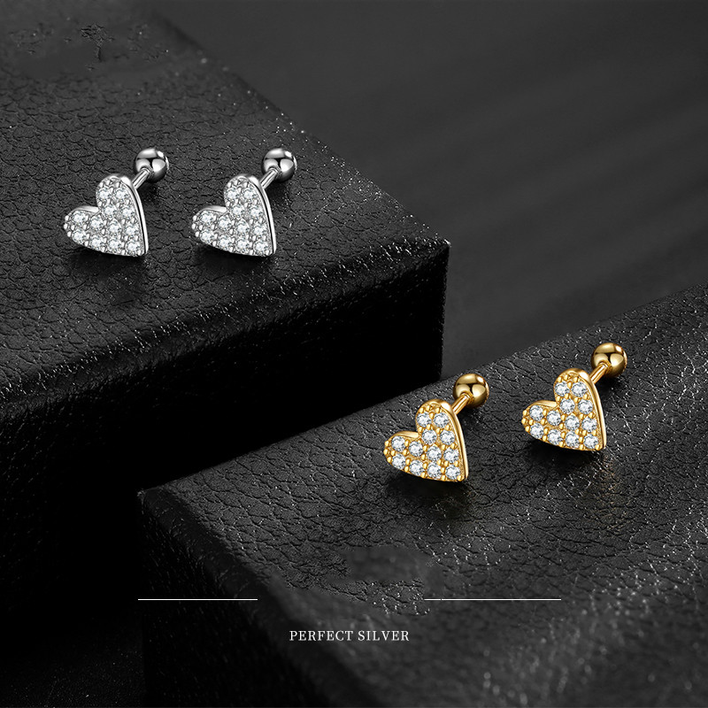 Pure Silver Ear Studs Female Simple Temperament Love Ear Studs Trendy Small Heart-Shaped Screw Ear Jewelry