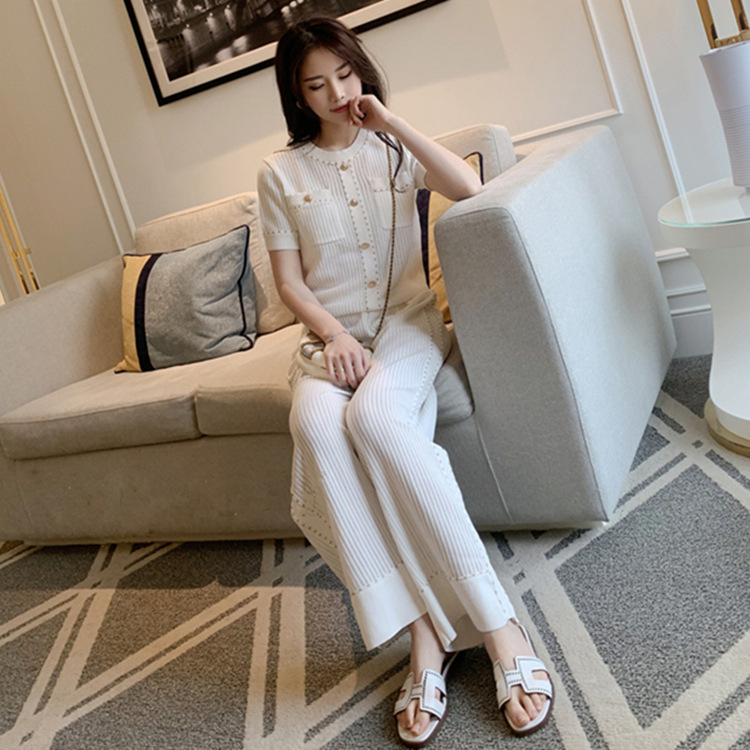 Black And White Small Fragrance Style Short-Sleeved Knitted Top And Trousers Suit Women