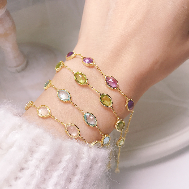 Vintage, Natural Amethyst, Blue Mop, White Crystal, Peridot, S925 Sterling Silver Bracelet