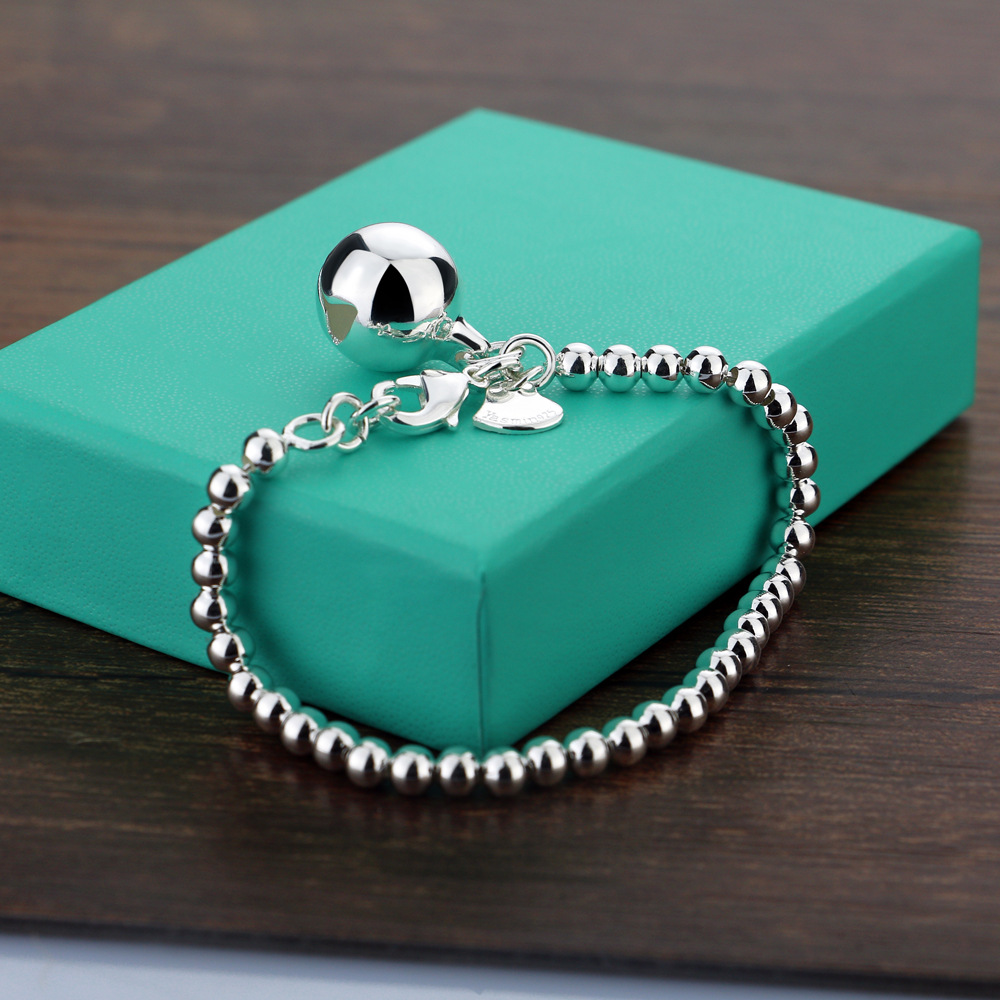 Sterling Silver Bead Chain Bracelet Women's Cute Bell Pendant Hand Catenary Classic Solid Silver Jewelry