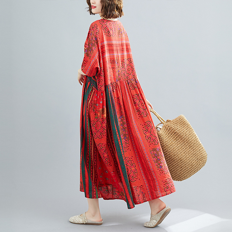 Red Cotton And Linen Print Plus Size Dress