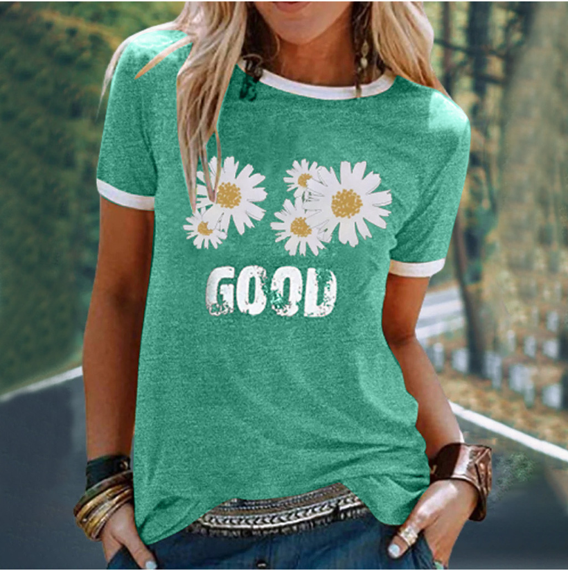  Summer Express Amazon Popular Small Daisy Print Splicing Loose Leisure