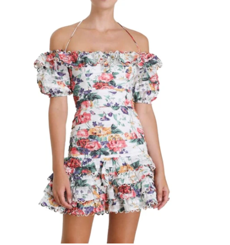 Printed Puff Sleeve One-line Collar Waist Cake Dress