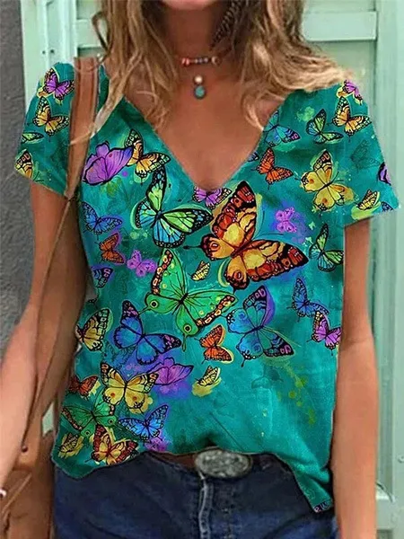 Ladies Fashion Print Short Sleeve T Shirt Shirt Green - Shop at LoveMi