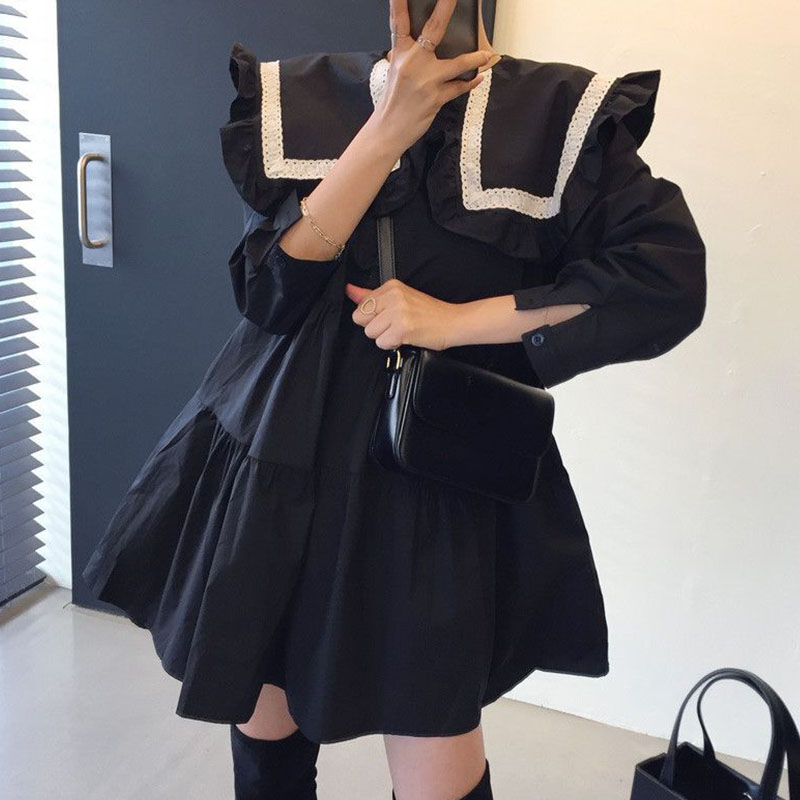 Spring Western Style Navy Collar Lace Stitching Contrast Color Loose Dress Short Skirt