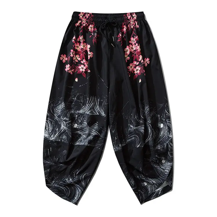 Bebovizi Japanese Style Harajuku Men Trousers Sakura Samurai Costume Loose
