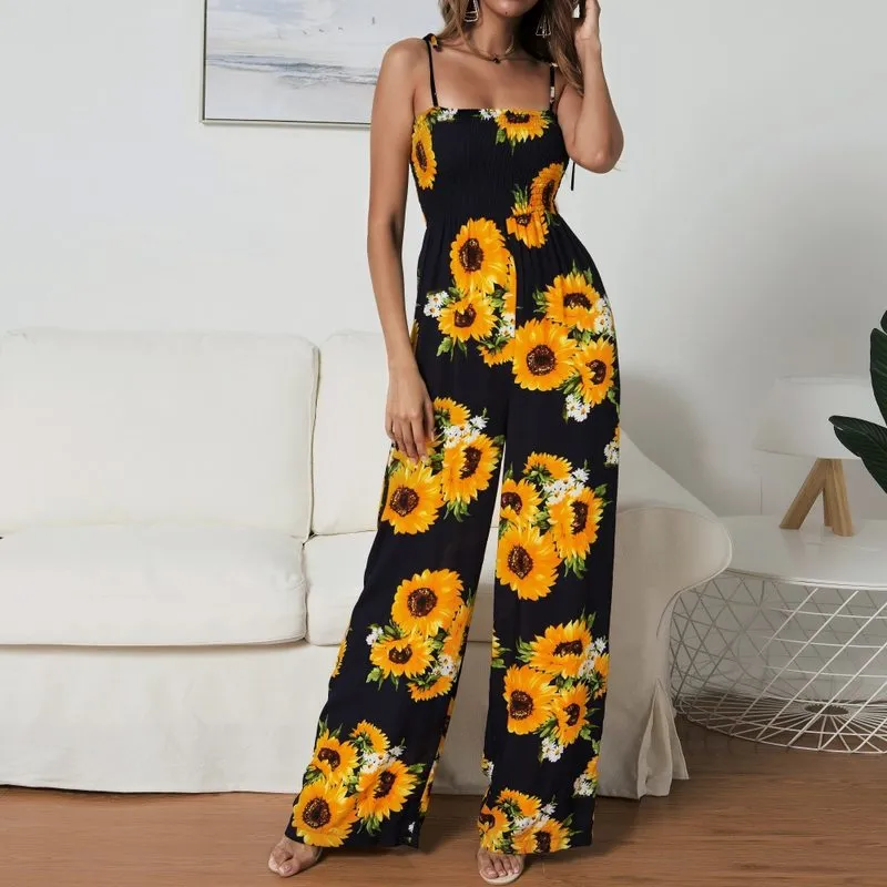 Sling Sexy Bind Printing Jumpsuits Women Overalls - Blue