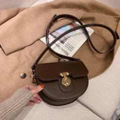 Ladies Premium Leather Mini Saddle Bag Fashion Retro Lock Shoulder Bag - Coffee - View 1