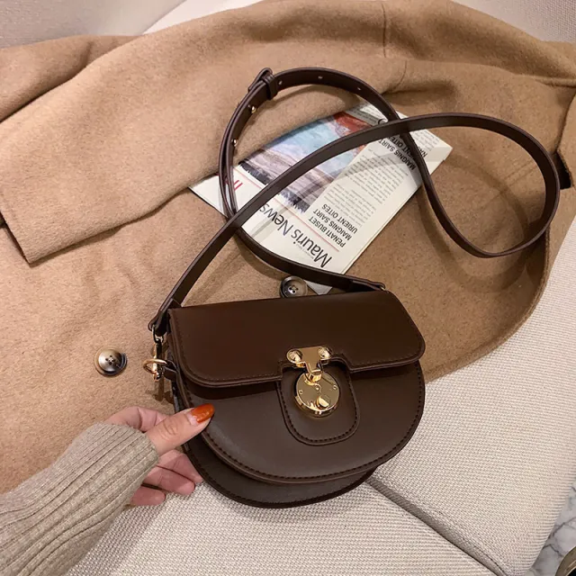 Ladies Premium Leather Mini Saddle Bag Fashion Retro Lock Shoulder Bag Coffee - Shop at LoveMi