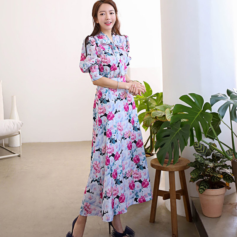 Summer New Style Korean Goddess Fan Temperament Lace-up Bow-knot Waist Printed Long Skirt