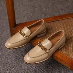 Round Toe Loafers Pumps With Thick Heels - Apricot - View 1