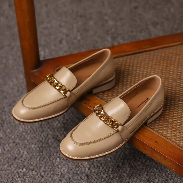 Round Toe Loafers Pumps With Thick Heels Apricot - Shop at LoveMi