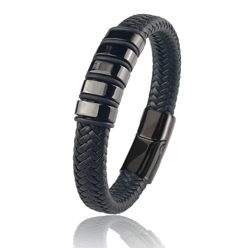 Custom Family Name Bracelets for Men's Stainless Steel Leather