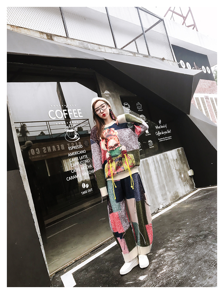 Turtleneck Girl Ribbon Color Matching Plaid Sweater Suit Women Loose