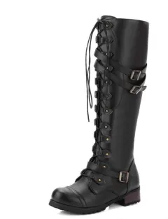 Square Root Rider Boots With Round Head Rivet Belt Buckle - Black - View 1
