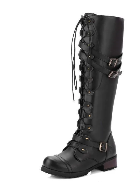 Square Root Rider Boots With Round Head Rivet Belt Buckle Black - Shop at LoveMi