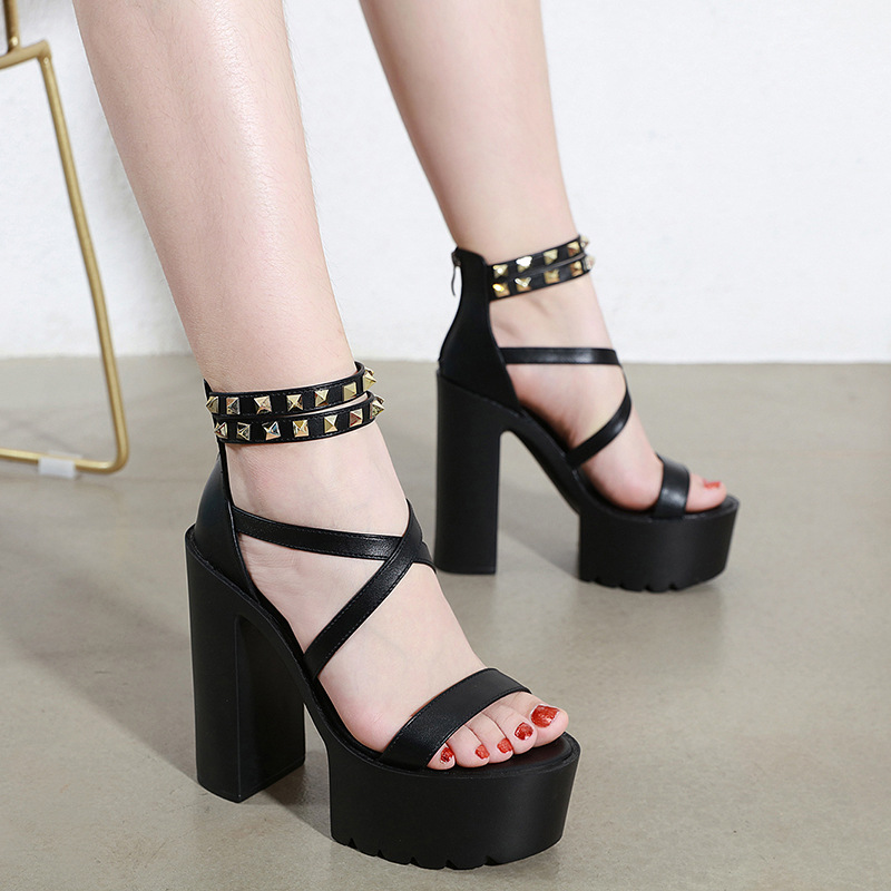 14CM Thick Heel Platform Cross Rivet Sandals Black - Shop at LoveMi