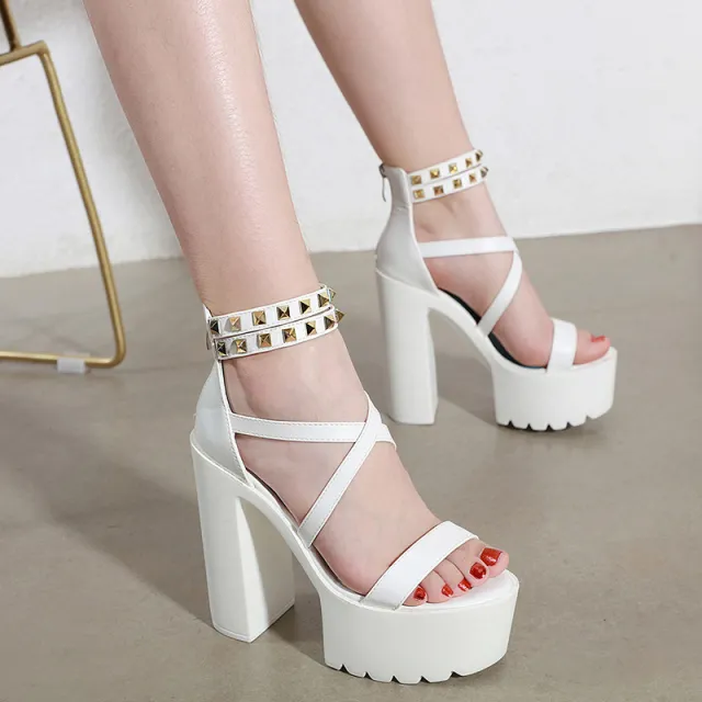 14CM Thick Heel Platform Cross Rivet Sandals White - Shop at LoveMi