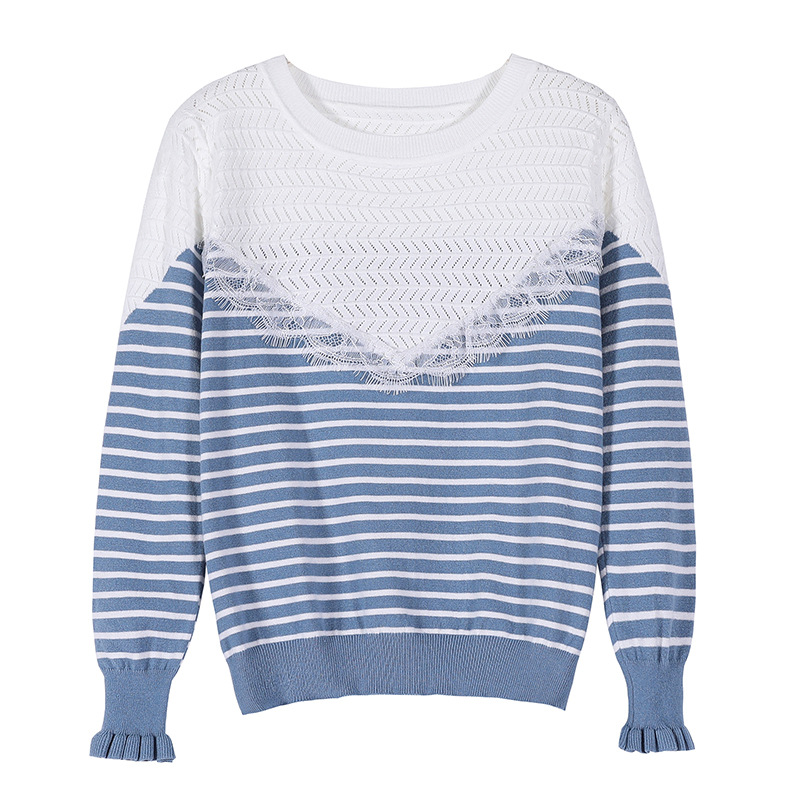 Lace Stitching Hollow Contrast Striped Sweater