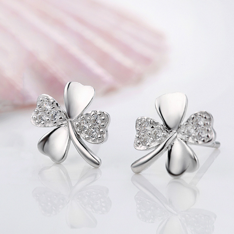 Lucky Leaf Clover Love Silver Plated Stud Earrings