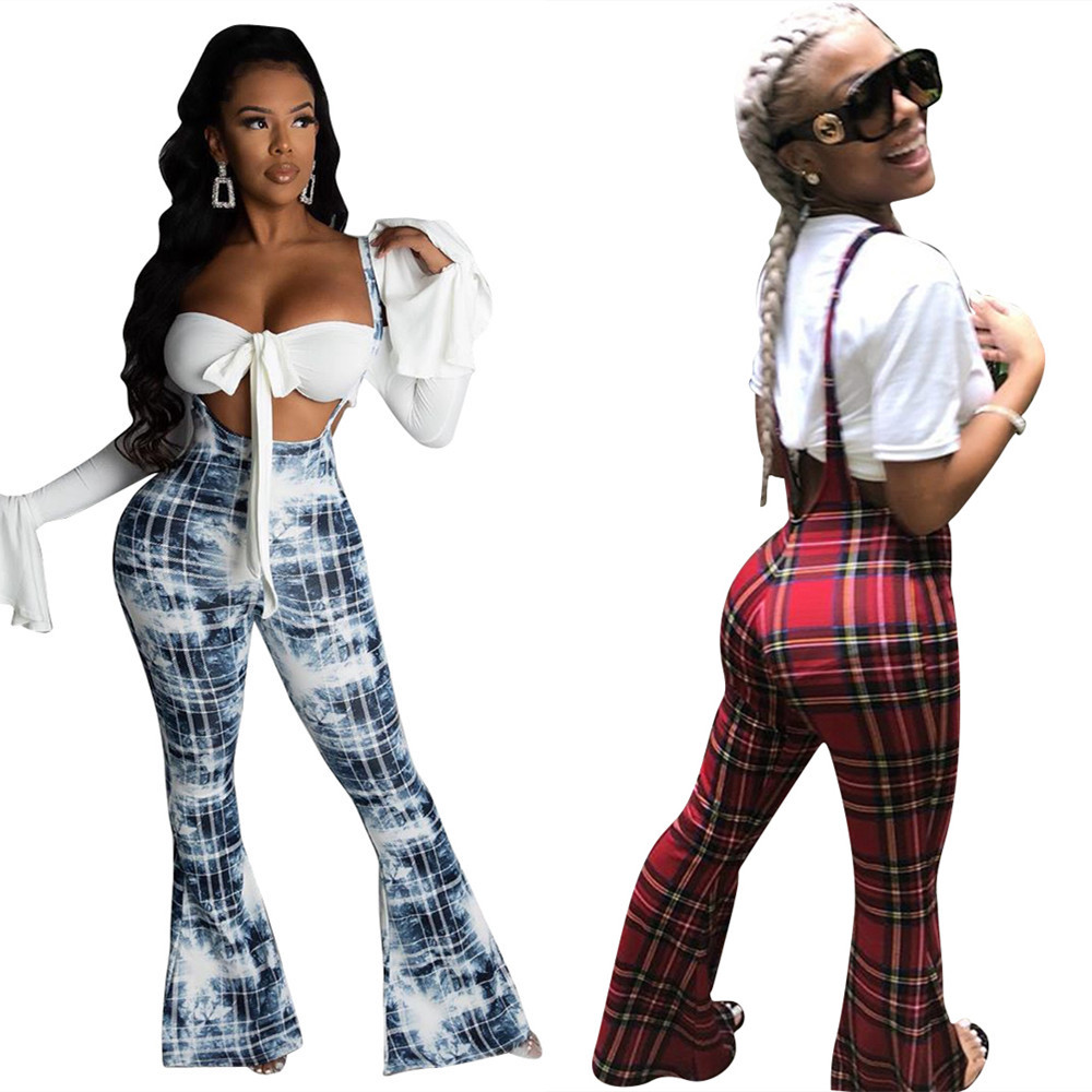 Personalized Plaid Print Suspender Wide-leg Overalls