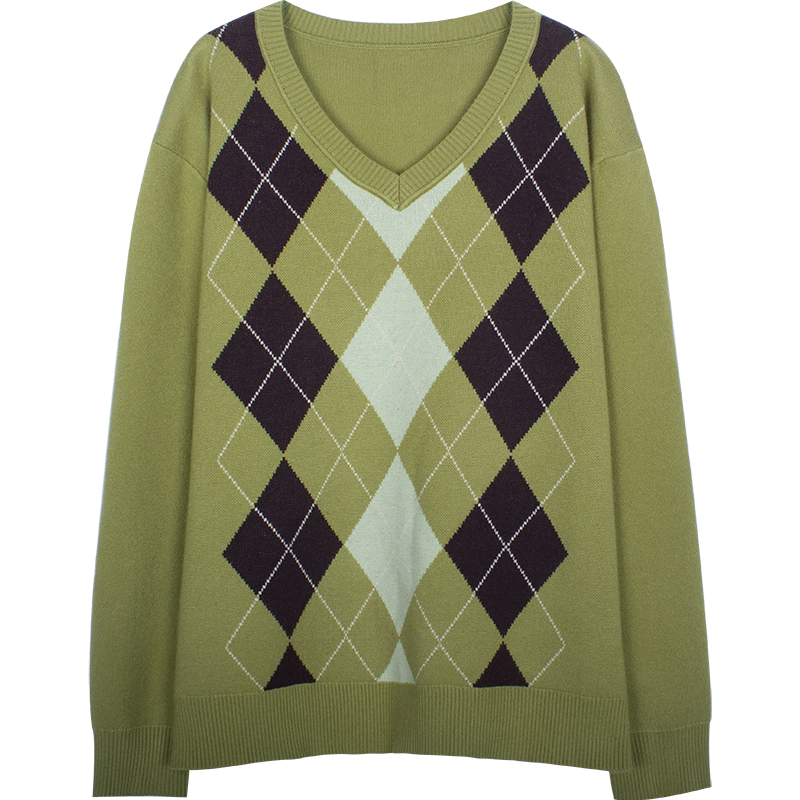 Vintagetang American Retro Green V-Neck Diamond Sweater Women