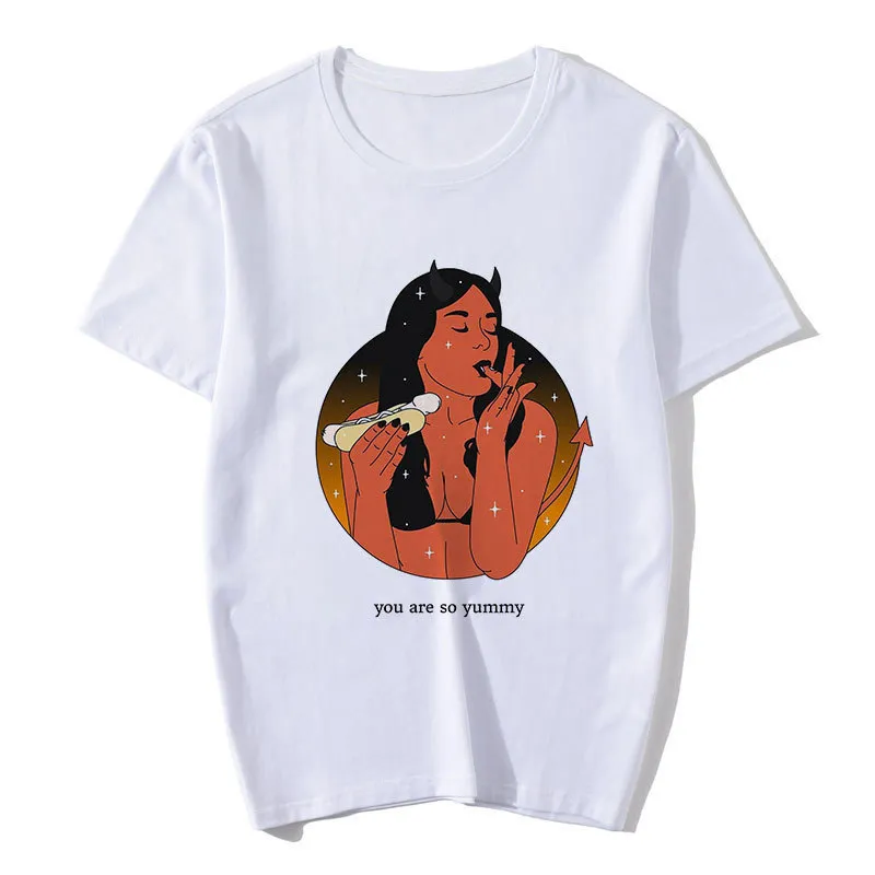 Devil Print Ladies Short Sleeve Top T-Shirt Loose - D-M