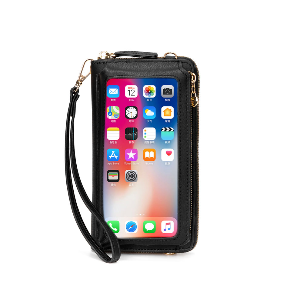 RFID Korean Version PU Ladies Multifunctional Wallet Large Capacity Ladies Touch Screen Mobile Phone Bag Single Shoulder Diagonal Small Bag Black - Shop at LoveMi