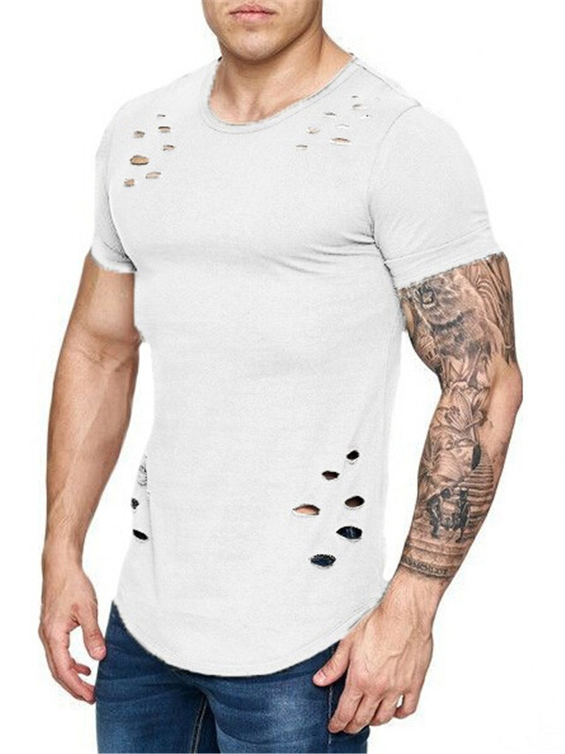 European and American Style Men's Loose Solid Color T-shirt With Holes in Large Size
