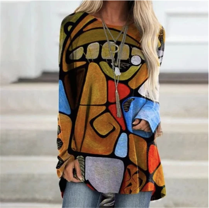 Fashion Loose Round Neck Digital Printing Long-sleeved T-shirt
