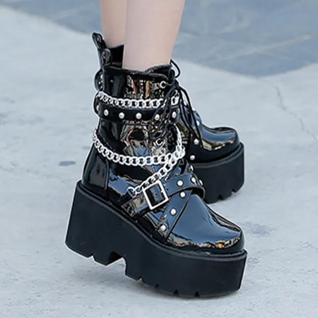 Platform Wedge Heel Muffin And Velvet Chain Lace Up Martin Boots Black - Shop at LoveMi