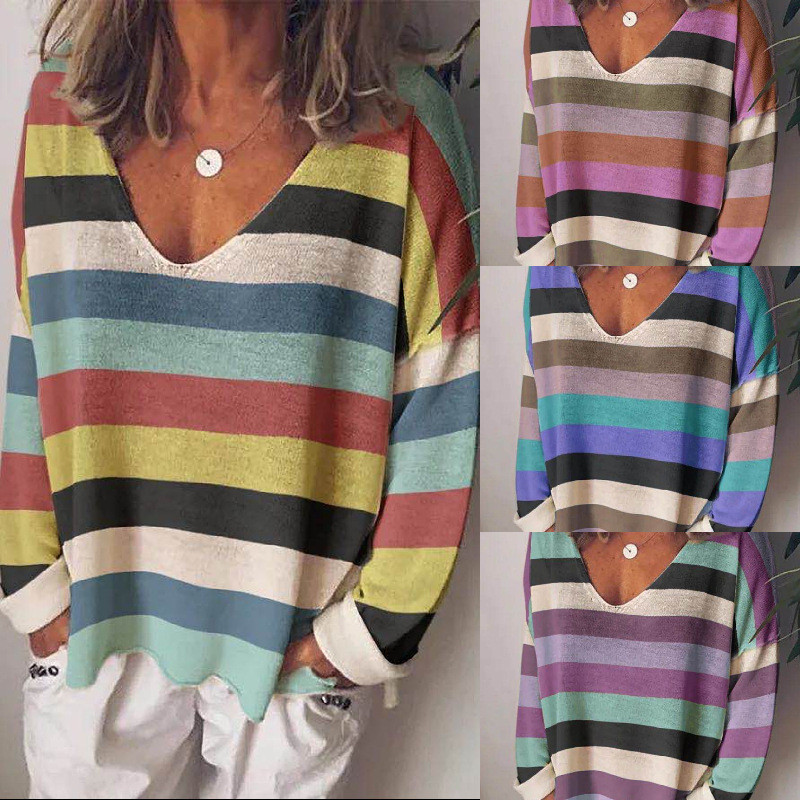 Loose V-neck Rainbow Stripe Multicolor Knit Long Sleeve