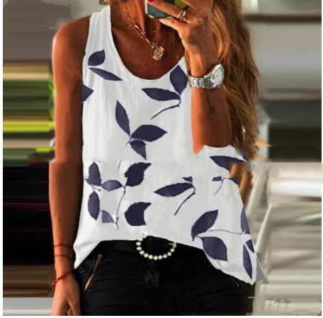 Leaf Print Round Neck Sleeveless Fashion Top T Shirt Purple - Shop at LoveMi