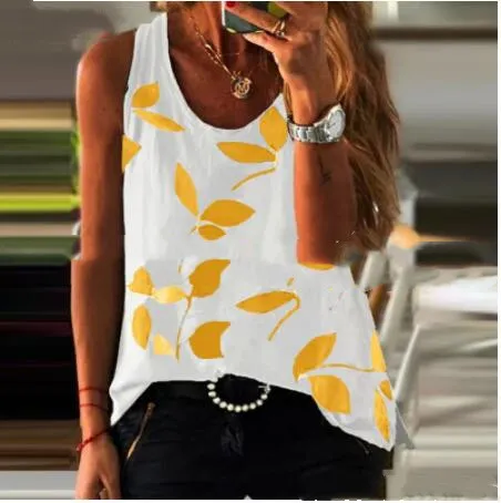 Leaf Print Round Neck Sleeveless Fashion Top T Shirt Yellow - Shop at LoveMi