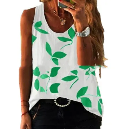 Leaf Print Round Neck Sleeveless Fashion Top T Shirt Green - Shop at LoveMi
