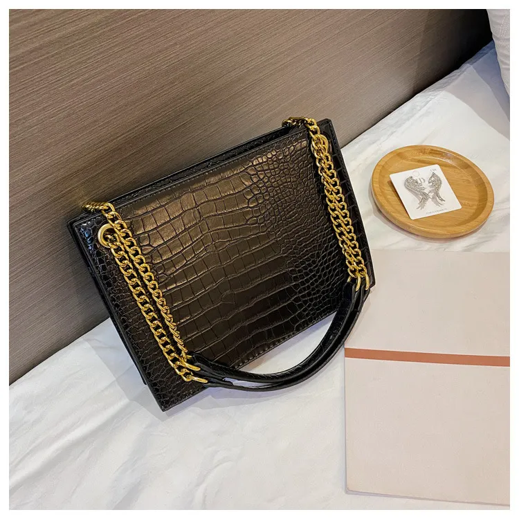 One Shoulder Messenger Bag Women Crocodile Pattern Women's Chain Bag - Black