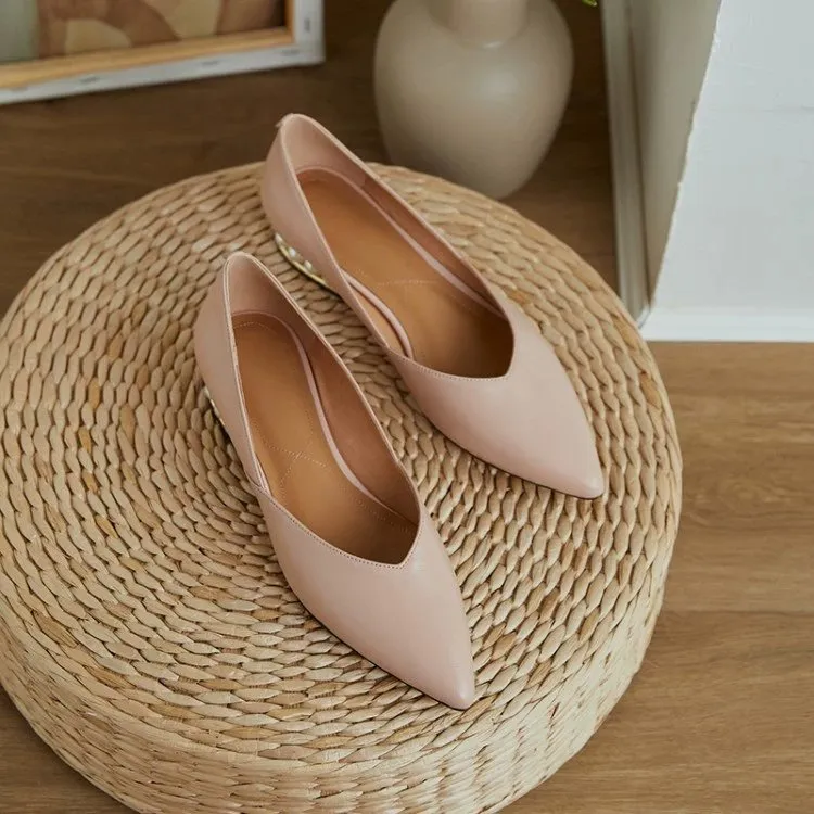 Pointed Toe Shoes Flat Shoes Gentle And Versatile Pearl Low-Heel Women's Shoes - Pink