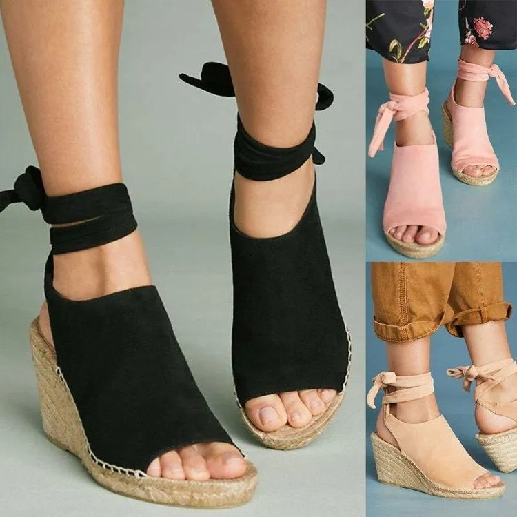 New Style Ankle Strap Wedge Heel Fish Mouth Fashion Woven Women's Shoes - Black