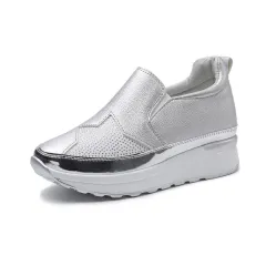 New Casual Inner Heightening Rhinestone Loafers Women's Shoes - Silver - View 1