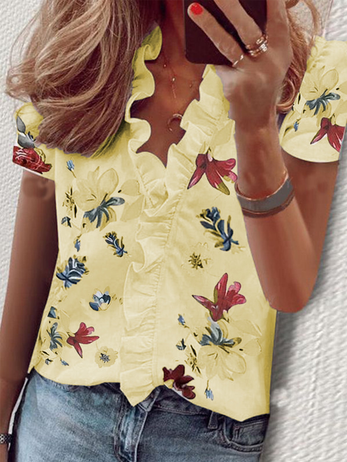 European And American Floral Print Ruffled Short-sleeved Shirt