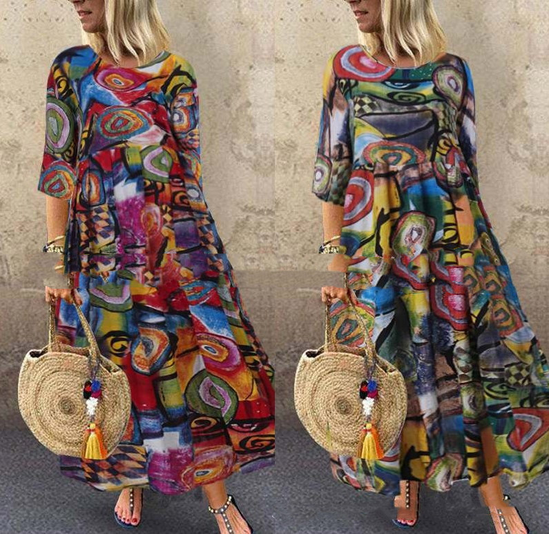Round Neck Printed Cotton And Linen Short Sleeved Long Plus Size Dress