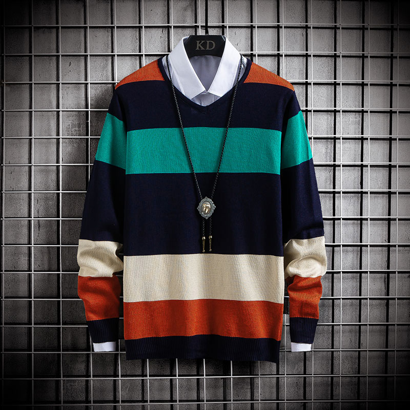 New Thin Color Blocking Round Neck Sweater Men's Casual Sweater